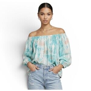 NWT Ariella Teal Peach Reflections Print Tie Front Off The Shoulder Top Small S